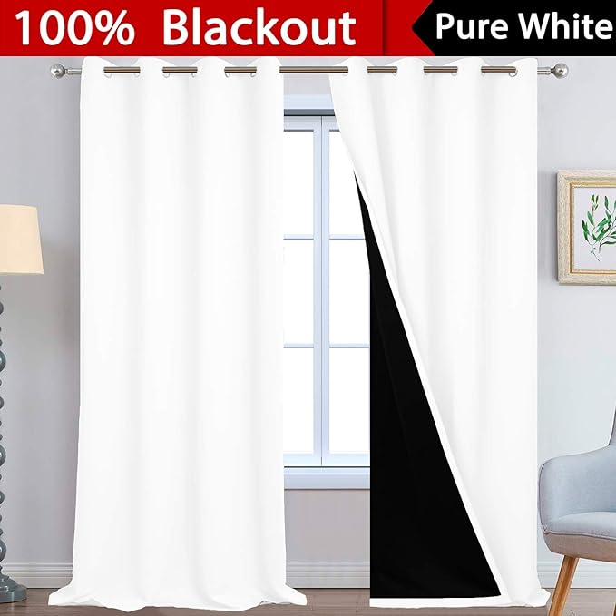 Yakamok 100% Blackout Curtains 108 Inches Long, 2 Thick Layers Thermal Insulated Curtain Panels for Bedroom, Full Light Blocking Drapes with Black Liner (52" Wide Each Panel, Pure White, 2 Panels)