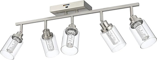 MELUCEE LED 5 Light Track Lighting Kit, Brushed Nickel Ceiling Spotlights Vanity Lights Modern Track Light Fixture with Flexibly Rotatable Heads, Built-in LED Chips, 5-Color Temperature Adjustable