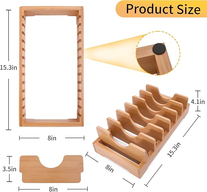 Bamboo kitchen storage rack - adjustable lid rack, suitable for cabinet storage, perfect for pots, pans, cutting boards, baking pans, plates, etc- Keep the kitchen clean and tidy