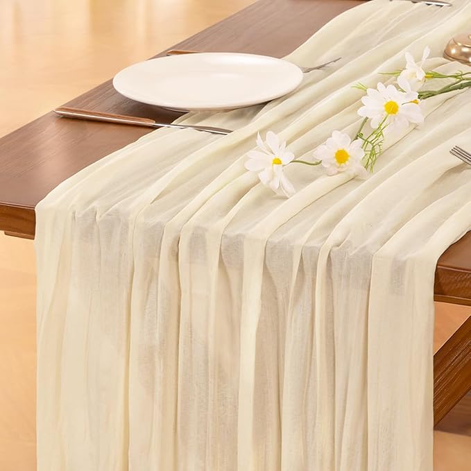 Socomi 10pcs Beige Fall Thanksgiving Cheesecloth Table Runner Boho Rustic Gauze 120 inch 10FT Cheese Cloth Runner for Wedding Party Baby Shower Birthday Home Decor Holiday Decorations