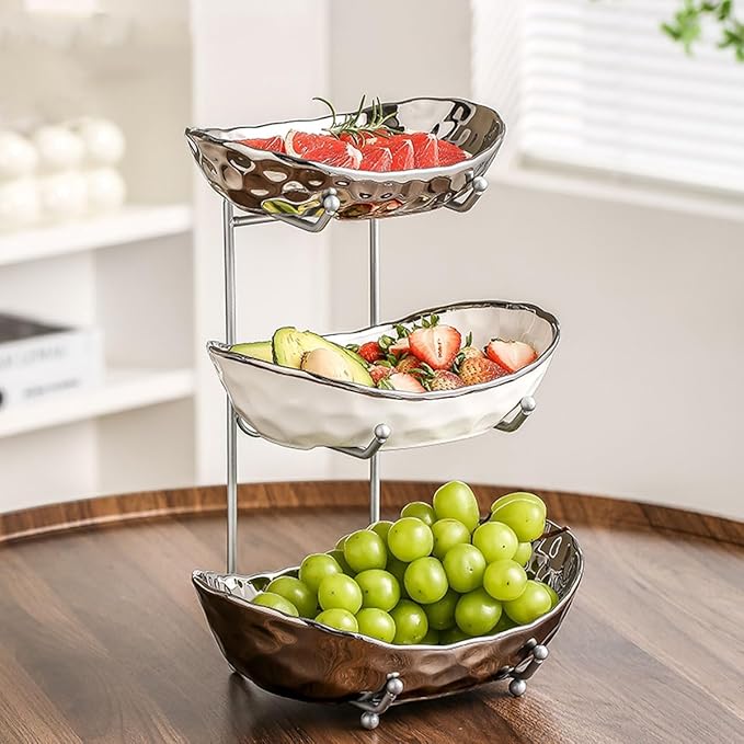 3-Tier Fruit Bowls for Kitchen Counter,Ceramic Bowl with Silver Metal Stand,3 Tier Fruit Basket for Fruit,Snack,Cake,Nuts,Dessert Storage