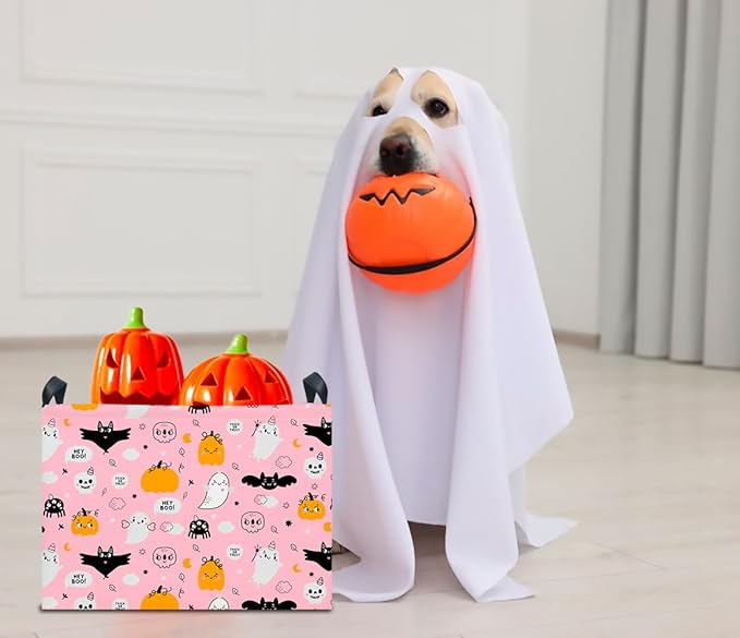 CLOCOR Rectangular Storage Basket Empty,Gift Basket for Halloween,Waterproof Storage Bin with Handles,Room Decor(Pink Ghost)