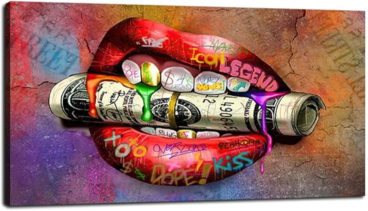 Large Size Canvas Sexy Red Lips with Rolled Dollar Wall Art Abstract Creative Modern Home Decor Artwork for Home Walls Large Prints Inspirational Framed Posters Gift Choice for Men and Women-48"Wx24"H