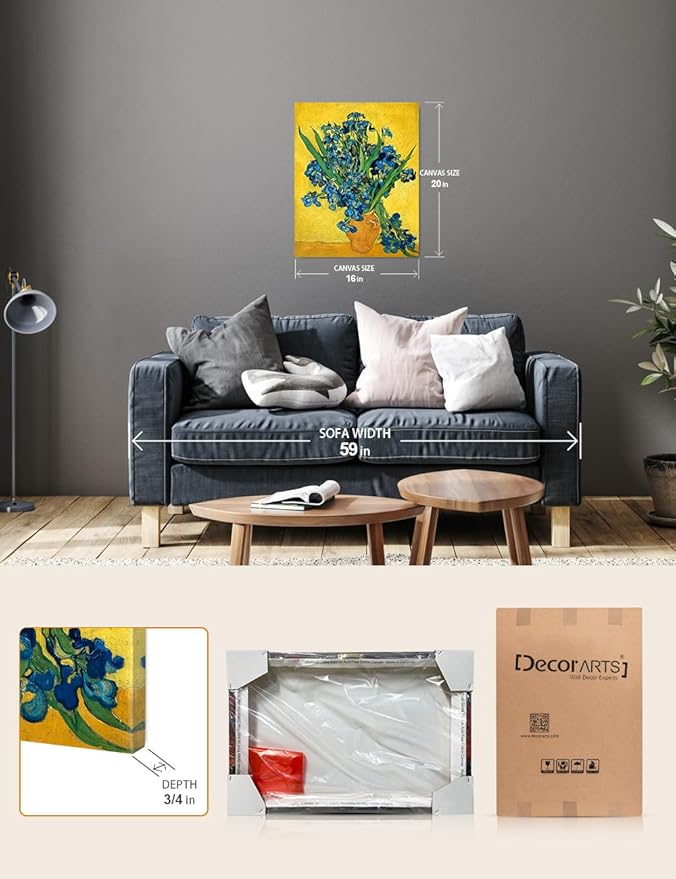 DECORARTS - Irises Vase Flower, Vincent Van Gogh Art Reproduction. Giclee Canvas Prints Wall Art for Home Decor 20x16