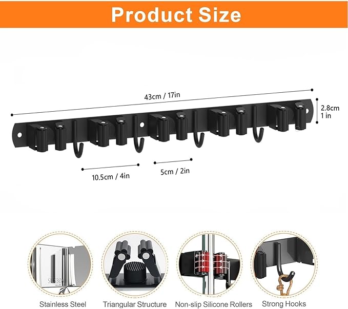 Mop and Broom Holder Wall Mount, Upgraded Broom Organizer Wall Mount, Stainless Steel Broom Hanger Wall Mount for Home Kitchen Garden Laundry Garage (5 Racks with 4 Hooks Black)