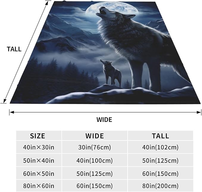 Snowy Mountain Wolf Blanket Gifts Moonlit Night Wolves Flannel Throw Blankets for Home Decor Couch Bed Sofa Soft Fuzzy Lightweight for All Season 80x60 Inches