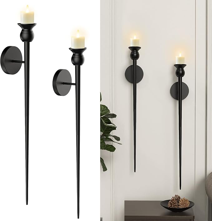 Candle Wall Sconce, 31.5inch Candle Sconces Wall Decor Set of 2, Long Candle Holder with Battery Operated Candles Retro Chic Candle Holder Decoration for Home Decor (Black)