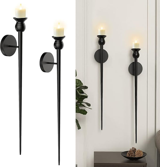 Candle Wall Sconce, 31.5inch Candle Sconces Wall Decor Set of 2, Long Candle Holder with Battery Operated Candles Retro Chic Candle Holder Decoration for Home Decor (Black)