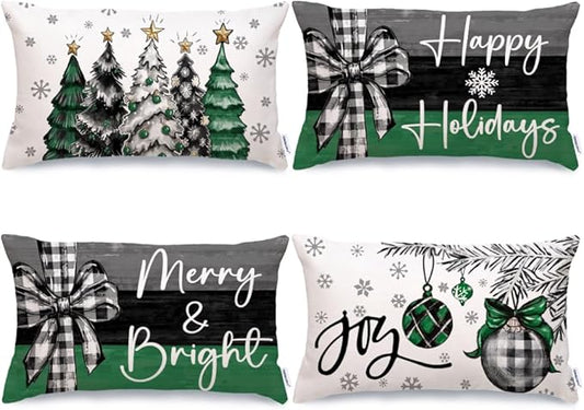 GEEORY Christmas Throw Pillow Covers 12 x 20 Inch Set of 4, Xmas Trees Merry and Bright Happy Holidays Farmhouse Decorative Cushion Cases for Home Decoration G584-12