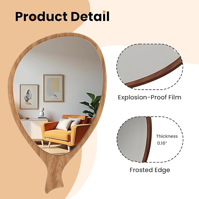 Irregular Asymmetrical Wall Mirror for Living Room Bathroom Entryway, Modern Decorative Mirror Hanging (Hook Style, 30'' x 18'')