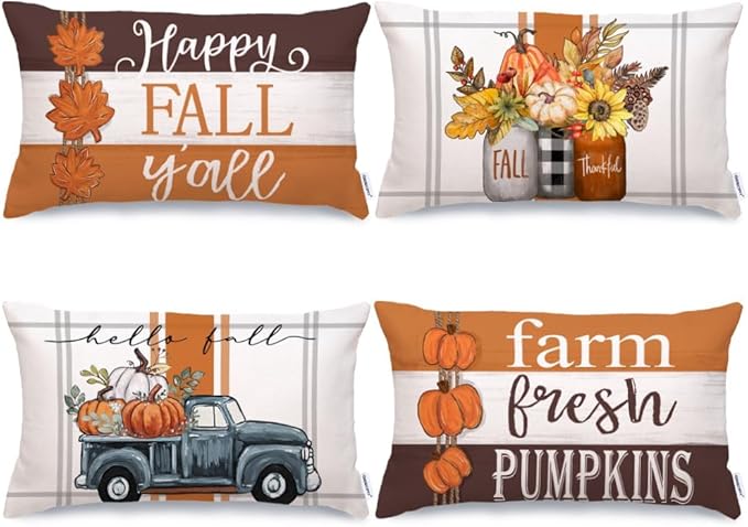 GEEORY Fall Pillow Covers 12 x 20 Inch Set of 4, Happy Fall Y'all Stripes Pumpkins Mason Jar Thankful Decor, Cushion Cases for Farmhouse Home Party Sofa Couch (Brown) G355-12