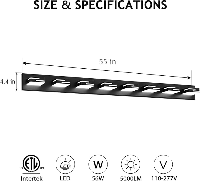 LED Modern Bathroom Vanity Light Fixtures 8-Light 5CCT Dimmable Matte Black Vanity Lights for Bathroom Lighting Fixtures Over Mirror, with 350° Rotatable Acrylic Heads, 55-inch