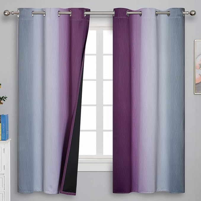 Ombre Purple and Gray Blackout Curtains 63 Inch Length 2 panels, Full Room Darkening Grommet Thermal Insulated Gradient Drapes for Girls Room, Full Light Blocking Curtains for Bedroom, 42x63 Inch