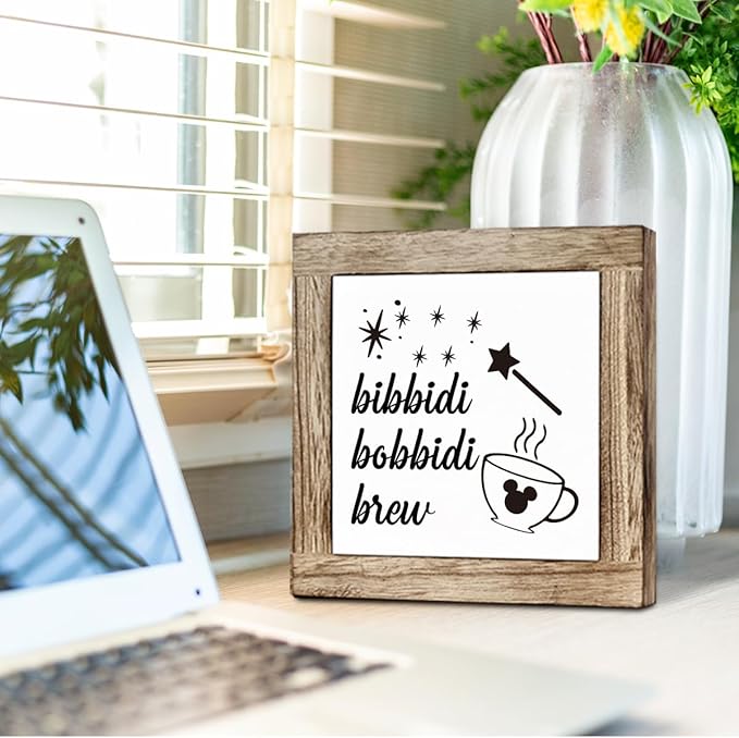 Farmhouse Bibbidi Bobbidi Brew Wooden Box Sign - Cute Coffee Decor for Kitchen Bar Table or Wall