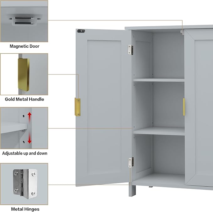 TaoHFE Grey Freestanding Bathroom Cabinet, 2 Doors, Towel Cabinet, Small Storage for Office, Restaurant, Living Room