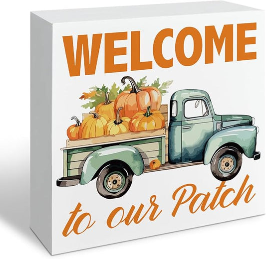 Farmhouse Fall Decors, Front Door Decor for Shelves, Autumn Home Decor, Pumpkin Truck Sign, Autumn Thanksgiving Wooden Decors, Decorative Wooden Table Sign, Welcome to Our Patch Wood Signs A15
