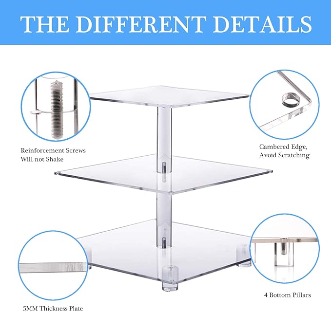 YestBuy 3 Tier Square Cupcake Stand - Premium Cupcake Holder - Acrylic Cupcake Tower Display - Cady Bar Party Décor + LED Light String - Ideal for Weddings, Birthday Parties( Blue Light)