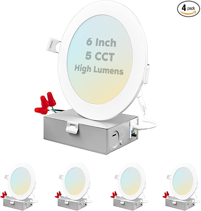 LUXRITE 6 Inch Ultra Thin LED Recessed Light with J-Box, 15W, 5 Color Selectable 2700K-5000K, 1400 Lumens, Dimmable LED Wafer Lights, High Output, Wet Rated, IC Rated, Energy Star (4 Pack)