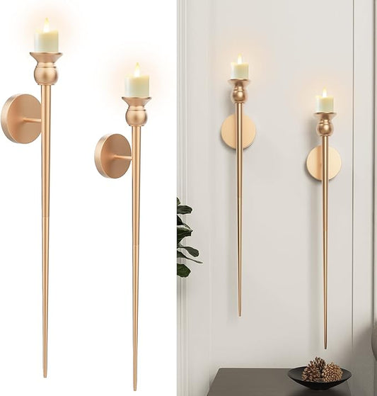 Candle Wall Sconce, 31.5inch Gold Sconces Wall Decor Set of 2, Long Candle Holder with Battery Operated Candles Retro Chic Candle Holder Decoration for Home Decor (Gold)