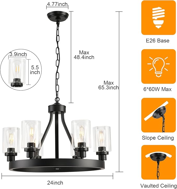 D24'' Black Wagon Wheel Chandelier, 6-Light Black Round Farmhouse Chandeliers, Dining Room Light Fixtures Industrial Hanging Lights for Kitchen Island, Living Room, Bedroom, Entryway, Foyer