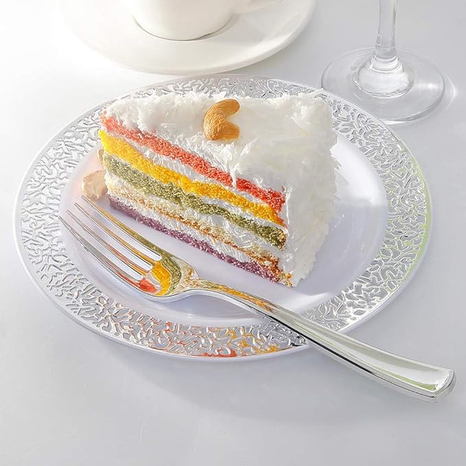 WDF 100pcs Silver Plastic Dessert Plates 7.5" with 100 Pieces Disposable Forks 7.4", Silver Plates Appetizer Plates Small Plates, Fancy Salad Plates and Cake Plates for Party/Wedding