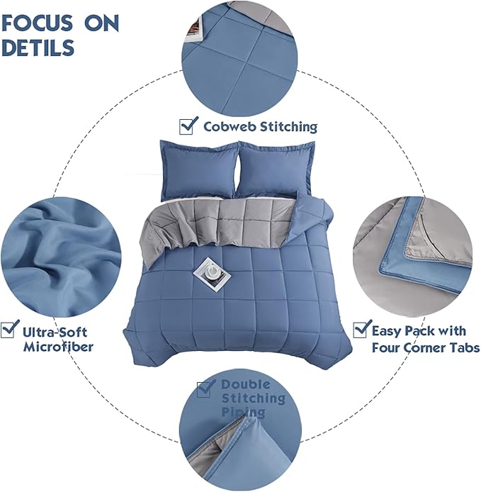 HIG 3pc Dusty Blue Twin/Twin XL Comforter Set - All Season Reversible Down Alternative Comforter with Sham - Quilted Duvet Insert with Corner Tabs - Box Stitched Blanket - Breathable, Soft, Fluffy