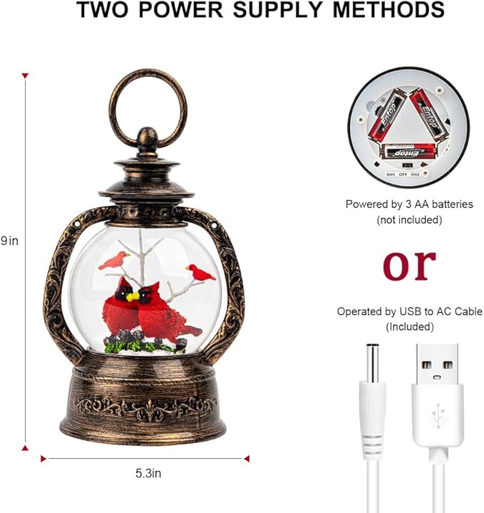 Christmas Snow Globe Lantern Water Glittering Cardinal with Music, USB Lined/Battery Operated Lighted Lantern for Christmas Festival Decoration Gifts