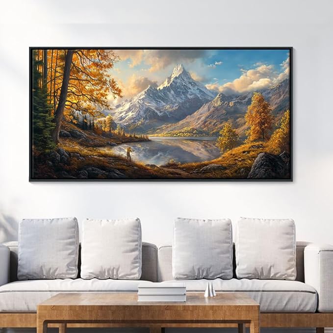 YCPRIMER Framed Canvas Wall Art Mountain Wall Art Nature Forest Wall Decor Rustic Farmhouse Wall Painting Moon Art for Living Room Bedroom Dining Room