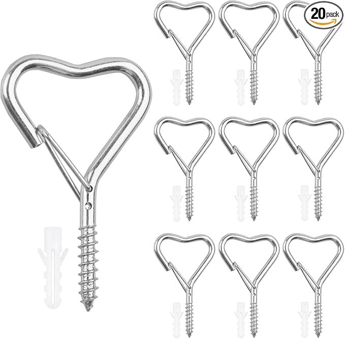 Lamp Wire Hook，Heart-Shaped Screw-in Wall Hooks for Outdoor Decor, Champagne Metal, Key Hook，Decorative Plant Hanging，Clothes Hook (Silver, 10Pcs)