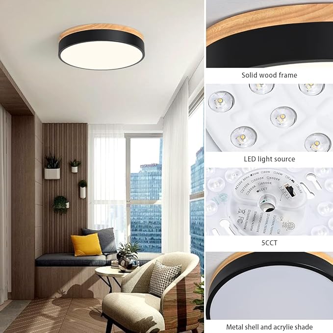 Dimmable Modern Wood Ceiling Light, Black LED 5CCT 2700K-6000K Flush Mount Ceiling Lighting Fixture, Round Light Fixtures for Kitchen Entryway Hallway Bedroom Laundry Room-11.8in