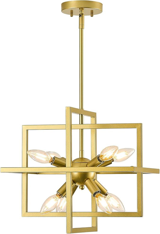 Small Modern Lantern Chandeliers,Geometric Gold Pendant Light Fixture,8-Light Industrial Hanging Chandelier for Dining Room, Living Room,Kitchen, Bedroom, Foyer, Hallway, UL Listed