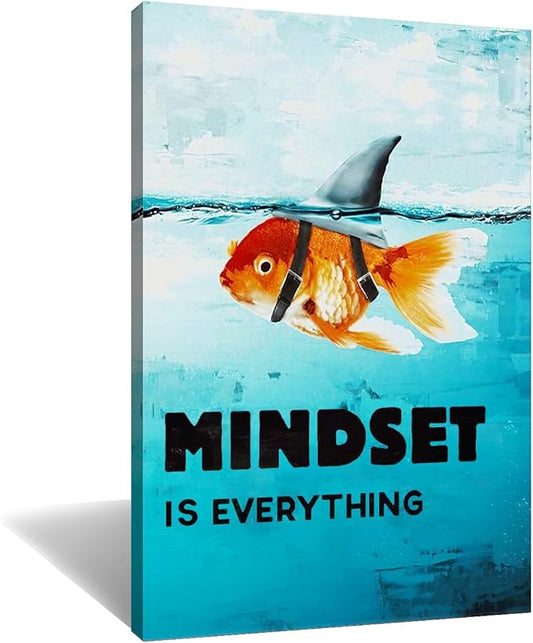 Mindset is Everything Poster Inspiration Wall Art Goldfish Pictures Big Shark Canvas Painting Poster Print Artwork Modern Home Decor for Living Room Bedroom Office Framed Ready to Hang [24''W x 36''H]