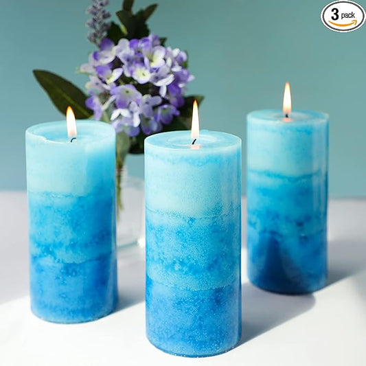 Pillar Candles Ocean Scented, Immeiscent Aromatherapy Candles, 60+ Hours Burn Long Lasting, Blue Mottled Layered Candles for Home Scented, SPA, Restaurant, Set of 3