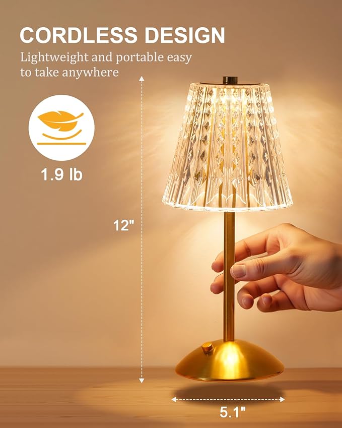 Cordless Touch Table Lamp, 3500mAh LED Rechargeable Small Dask Lamp, 3 Colors Dimmable Battery Operated Crysta Lamp for Bedroom Restaurant Kitchen Home Decor, Gold, 2pcs