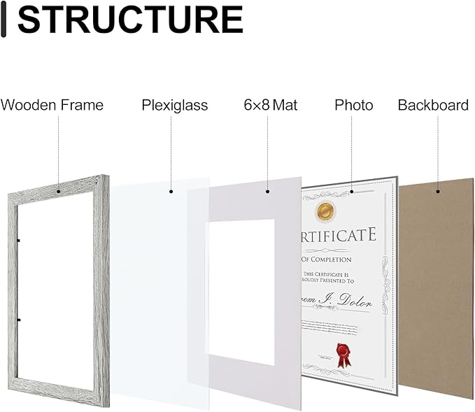 Vittanly 8.5x11 Picture Frames Set of 9, Shatter Resistant Plexiglass, Display 6x8 Pictures with Mat or 8.5x11 without Mat, Photo Frames for Wall or Tabletop, Engineered Wood, Grey