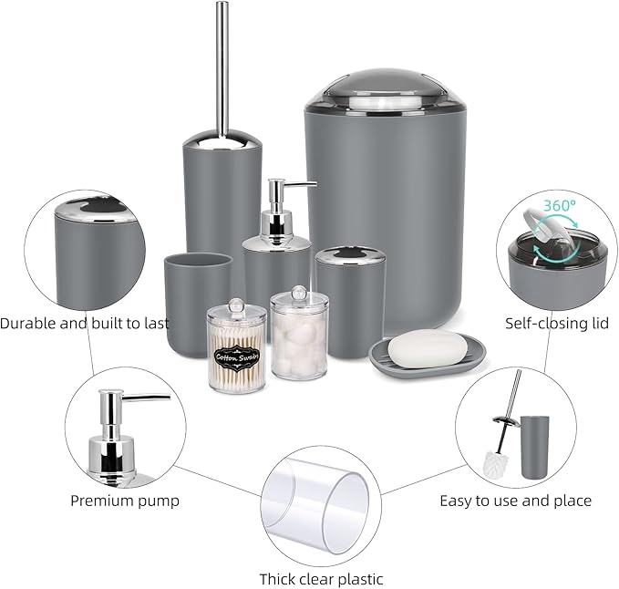 IMAVO Bathroom Accessories Set,Grey Bathroom Set,9 Pieces Bathroom Accessory Set,Tray,Qtip Holders,Toilet Brush,Trash Can for Bathroom Décor and Home Gifts