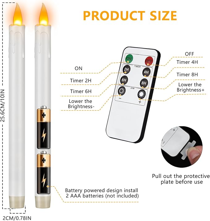 10" Flameless Taper Candles with Remote, 6 Pcs White Electric Led candlesticks, PlasticTall Taper Candles Battery Operated with Flickering Flame for Halloween Christmas Wedding Home Décor