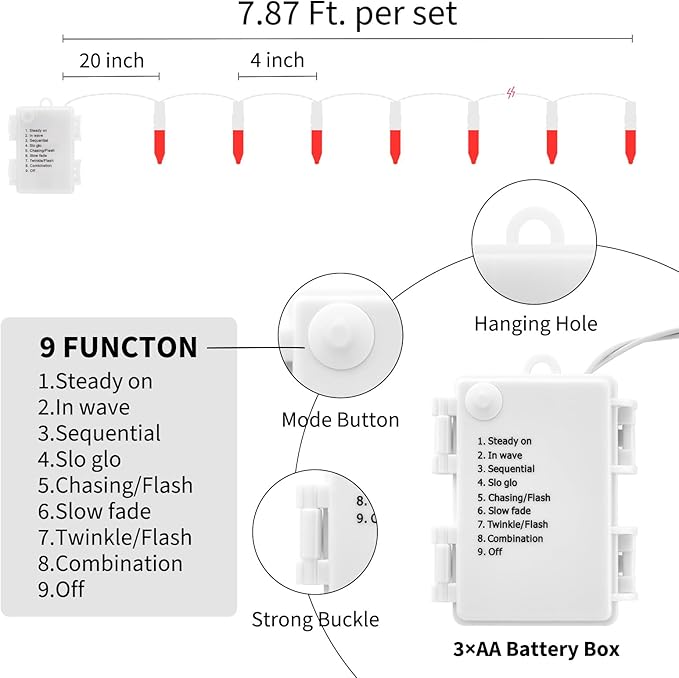 Red String Lights Battery Operated, 4 Pack 8 Feet 20 LED String Lights with 8 Modes Waterproof Tree Lights for Outdoor Indoor Holiday Party Garden Tree Decorations