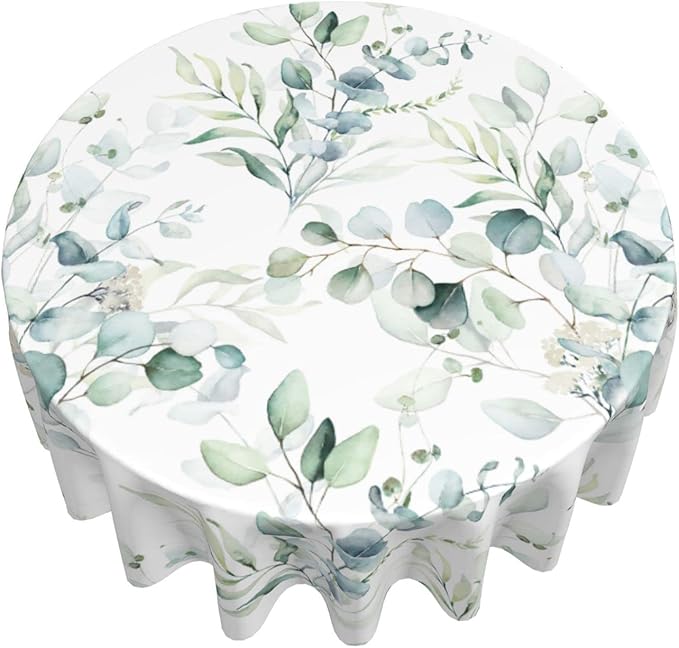 Kawani Spring Summer Leaf Floral Sage Green Tablecloth Round 60 Inch Ruitic Watercolor Table Cloth Waterproof Fabric Farmhouse Green Grey Leaves Tablecloths Decorative for Holiday Home Party