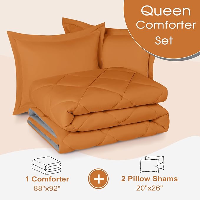 Basic Beyond Queen Comforter Set - Burnt Orange, Reversible Bed Comforter Set for All Seasons, 2 Pieces