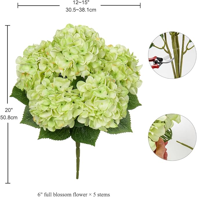 Green Hydrangea Artificial Flowers Large Artificial Hydrangeas Silk Flowers for Home Decor Indoor Wedding Flowers Bouquets Faux Flowers Kitchen Centerpiece Table Decorations
