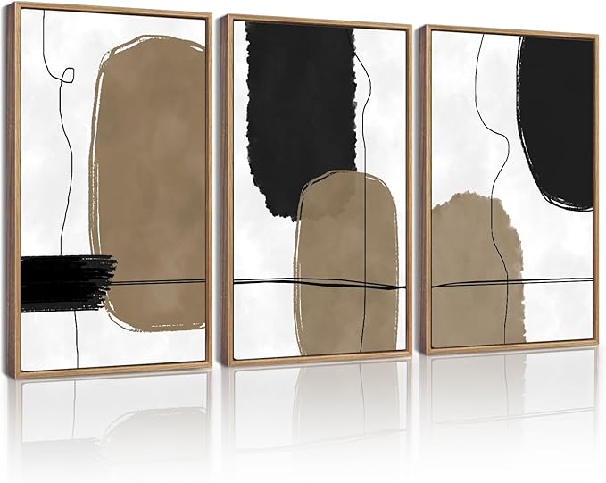 KUVIOKE Abstract Wall Art Framed Neutral Beige Mid Century Textured Artwork Black Minimalist Line Modern Illustrations Bedroom Hallway Ready to Hang 12x16in (Natural Framed)