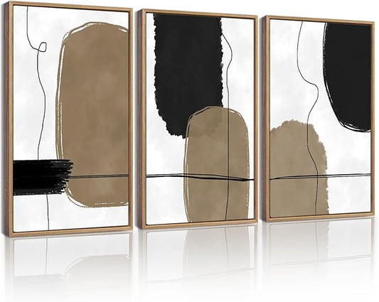 KUVIOKE Abstract Wall Art Framed Neutral Beige Mid Century Textured Artwork Black Minimalist Line Modern Illustrations Bedroom Hallway Ready to Hang 12x16in (Natural Framed)