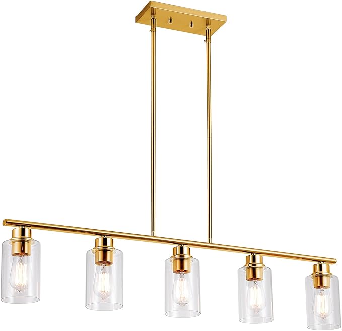 Kitchen Island Light, 5-Light Pendant Lighting, Farmhouse Industrial Dining Room Light Fixtures for Kitchen Island Dining Living Room, Brushed Gold with Clear Glass Shade