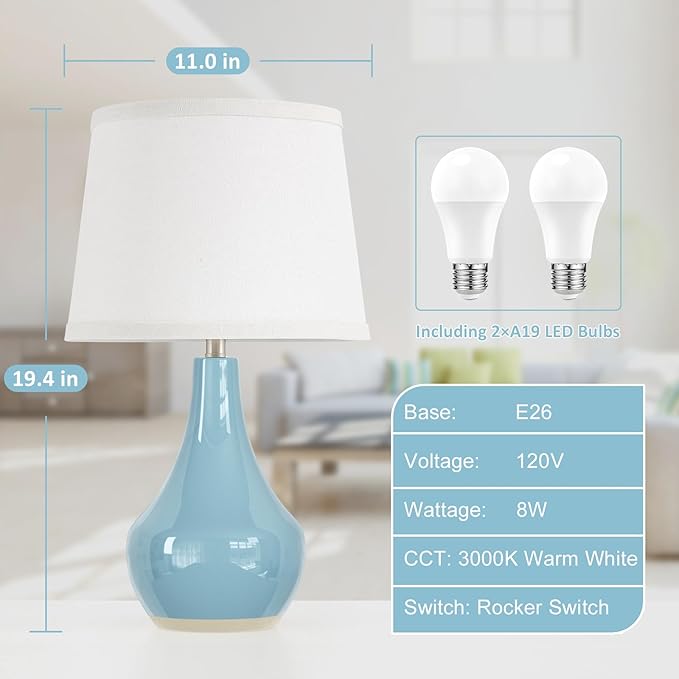 Seealle 19.4" Modern Sky Blue Table Lamp Set of 2-Bedside Lamps for Nightstand, Bedroom Lamp for Living Room Desk End Table Office Guest Room Dresser