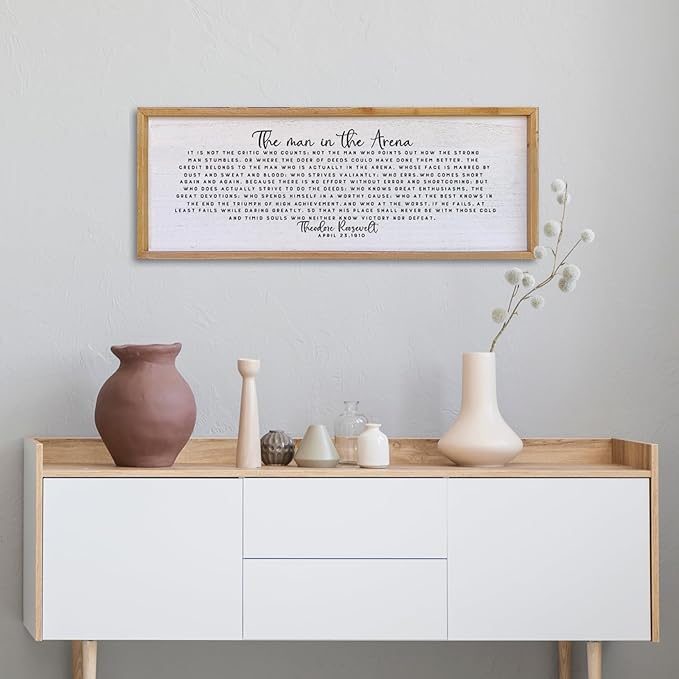 Surfapans The Man In The Arena Wall Decor 32"x12" Morden Office Motivational Wood Framed Sign For Men Large Farmhouse Living Room Inspirational Quotes Positive Speech Home Wall Decoration (Wood)