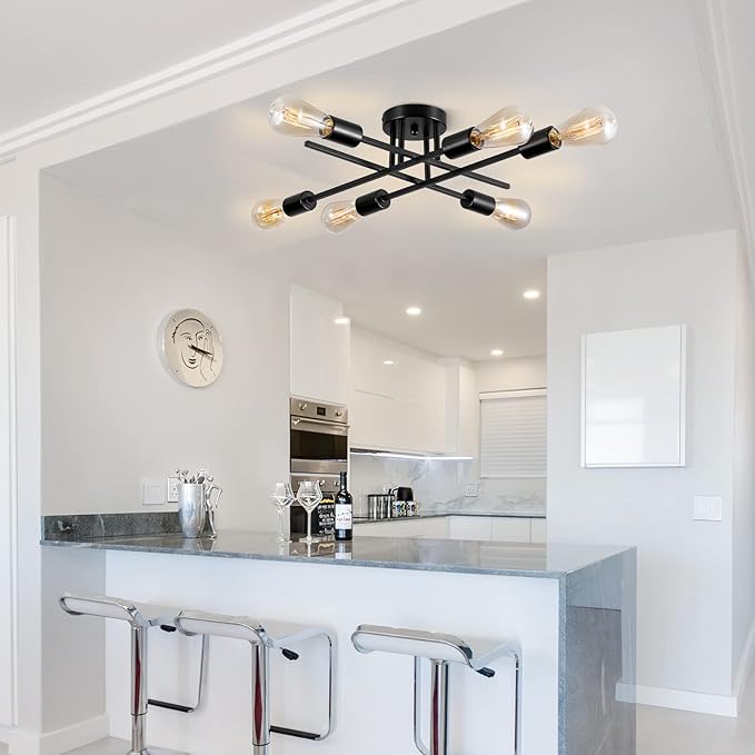 Sputnik Chandeliers, Modern Semi Flush Mount Ceiling Light with E26 Base, Mid Century Industrial Kitchen Farmhouse Light Fixtures for Bedroom Living Room (Black, Ceiling 6 Lights (Lengthen))