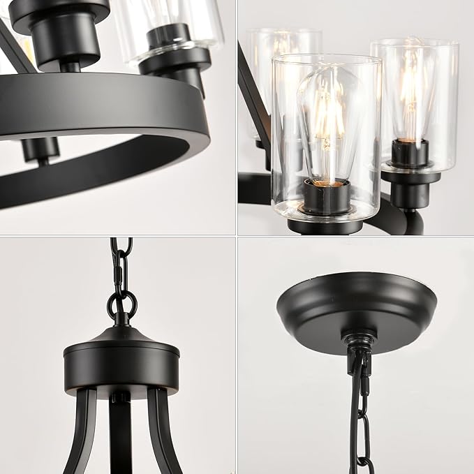 D24'' Black Wagon Wheel Chandelier, 6-Light Black Round Farmhouse Chandeliers, Dining Room Light Fixtures Industrial Hanging Lights for Kitchen Island, Living Room, Bedroom, Entryway, Foyer