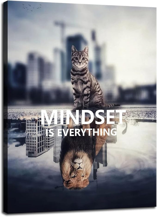 Inspirational Wall Art Cute Animal Cat Lion Poster Painting Mindset is Everything Inspiring Print Artwork Picture Wooden Living Room Office Home Decoration Picture Frame Ready to Hang[18" W x 24" H]