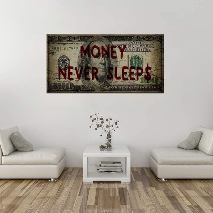 Canvas Money Wall Art Money Never Sleeps Inspirational Dollar Artwork Poster Canvas Painting Framed Ready to Hang-40x20 inches